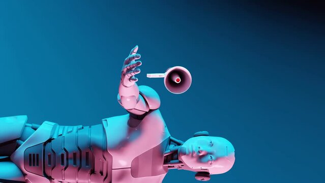 vertical of futuristic humanoid robot cyber with megaphone in 3d rendering animation