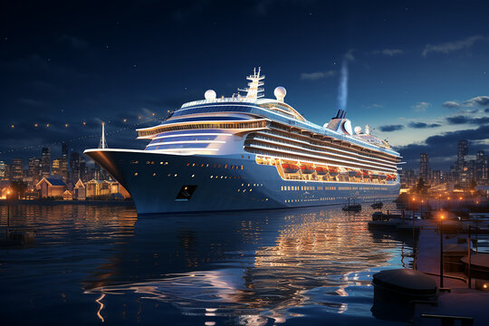 Generative AI Image of Luxury Cruise Ship in the Harbor at Night