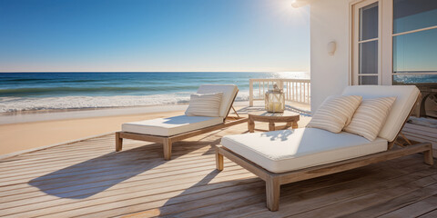 Fototapeta premium Beach home with white lounge chairs and tables