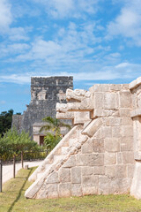 Two large snake heads carved from stone at the ancient Mayan ruins at Chichen Itza, Mexico.