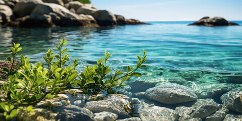 Ocean water with green plants on a rocky shore