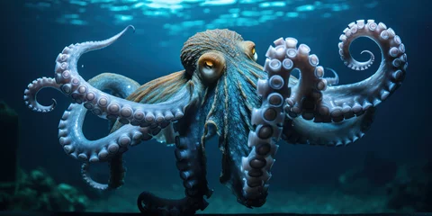 Foto op Canvas An octopus glides through the azure waters, a fluid shadow in the marine blue © vectorizer88