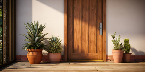 House with a wooden entry door and a potted plant