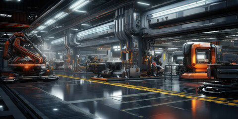 Naklejka premium Industrial environment with machines and robotics