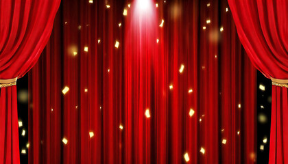 red curtain material. Spotlight. Confetti.