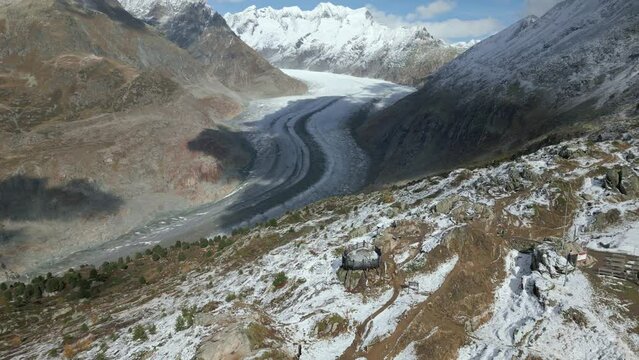 Aerial shot of the Aletsch Glacier in the Swiss Alps, Riederalp. Viewing platform on the largest glacier in the Alps