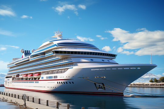 Generative AI Image of Luxury White Cruise Ship Docked in Port on Sunny Day