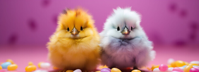 Two fluffy chicks against a pastel purple backdrop, embodying the whimsy of spring and Easter.