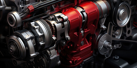 Engine stands, a masterpiece of metal and might, red bolts highlighting its power