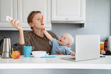 Mother balancing between work and baby on sick or maternity leave.