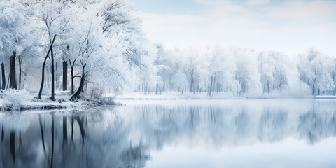 Pond lies frozen, a glassy mirror reflecting the stark beauty of winter's touch