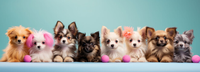 Line of adorable puppies with colorful bows on soft background. Perfect for pet care and family themes