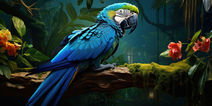 The blue parrot sits regally on its branch, a splash of color against the tapestry of green leaves