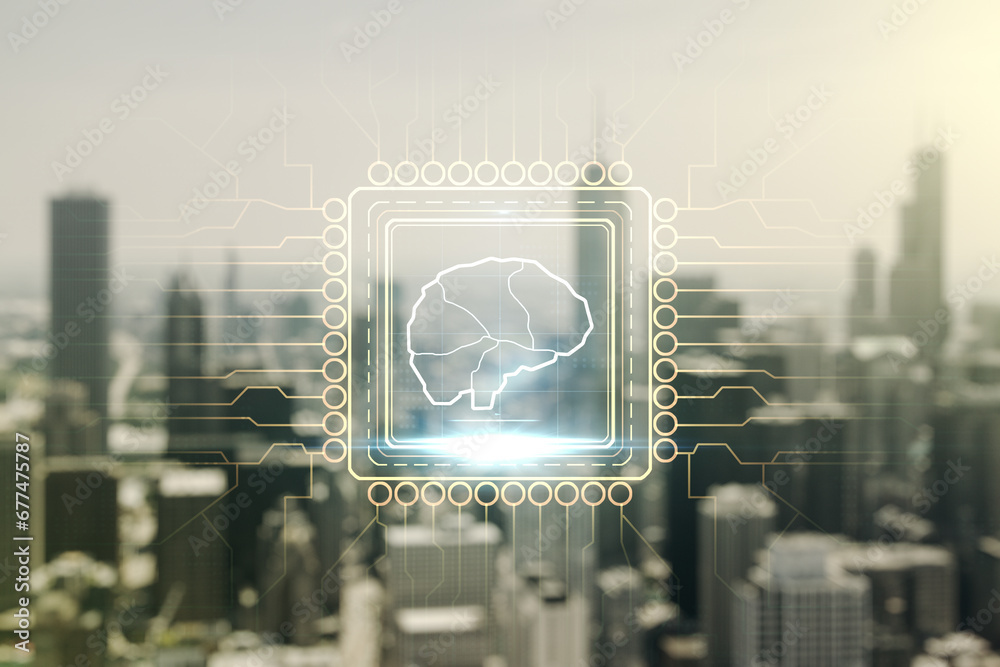 Aufkleber double exposure of creative human brain microcircuit hologram on blurry office buildings background.