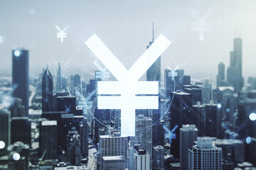 Abstract virtual Japanese Yen symbol sketch on Chicago office buildings background, strategy and...