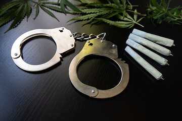 Marijuana handcuffs isolated on black background.