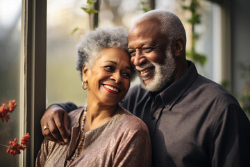 Fototapeta premium Healthy African American senior couple smiling happy and embracing together, love and relationship concept