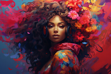 portrait of a woman with colorful hair and flowers on his head beautiful colorful art 