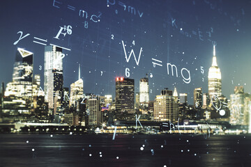 Scientific formula illustration on New York cityscape background, science and research concept....
