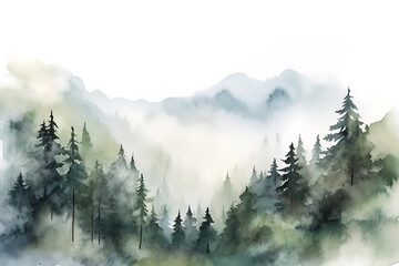 Watercolor foggy forest, hill behind the forest