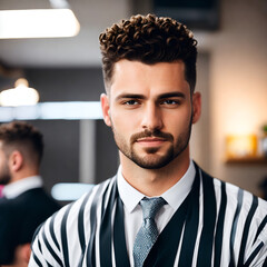 Man with curly hair in hair salon - front view