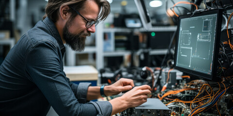 portrait of Electronics Engineer, Research, design, develop, test electronic components & systems for commercial, industrial, military, or scientific use utilizing knowledge of electronic theory