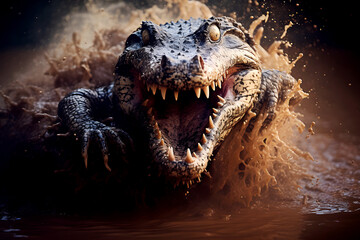 Big head of angry alligator with open mouth and sharp teeth while hunting in water close up - obrazy, fototapety, plakaty