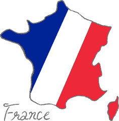 Map of France flag pattern, hand-drawn stylish illustration with colored pencil texture / フランス国旗柄の地図、色鉛筆テクスチャの手描きのおしゃれなイラスト