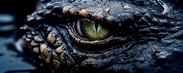 Rolgordijnen Close up of open yellow eye of wild angry alligator who watching for victim for attack outdoor © Bonsales