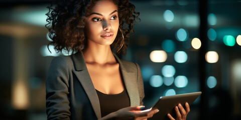 Professional Black Woman Conducting Nighttime Finance Review on Business Tablet