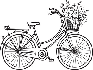 Vintage bicycle with flowers Line art coloring book page design