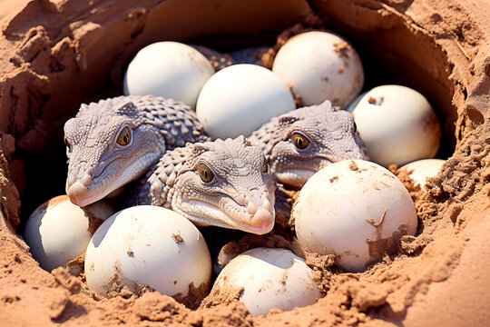 New born crocodiles baby hatching from white eggs shell, pokes small heads out of egg in sandy nest outdoor, wildlife concept.