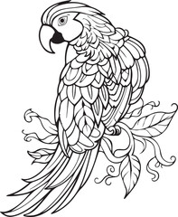 Parrot on a branch Line art coloring book page design