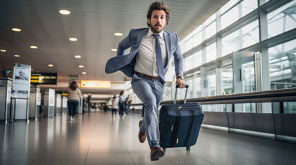 Businessman in suit running through the airport with suitcase dragging behind