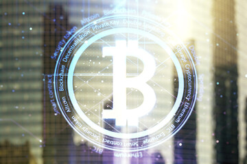 Virtual Bitcoin hologram on office buildings background. Multiexposure