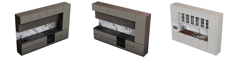 modern kitchen isolated on transparent background, home furniture, 3D illustration, cg render
