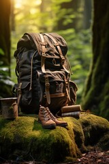 Fototapeta premium Hiking boots and backpack in the forest. Travel and adventure concept