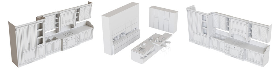 modern kitchen isolated on transparent background, home furniture, 3D illustration, cg render
