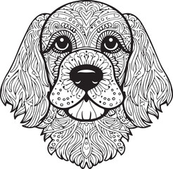 Mandala dog coloring book page design.  Creative dog line art sketch. 