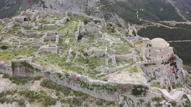 Drone view of Borsh Castle in Borsh (himara) Albania. 13th century castle. High quality 4k footage