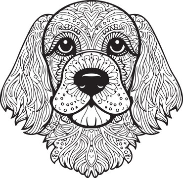 Mandala dog coloring book page design.  Creative dog line art sketch. 