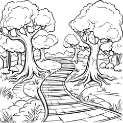 Park road on the tree line art coloring page design