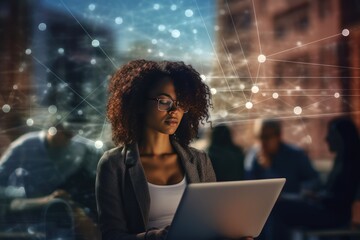 processing data over a woman using a laptop. AI-generated global computing, connectivity, communication,