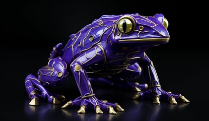 the purple and gold frog figurine is sitting on the black background