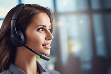 Beautiful call center staff with sweet smiles Wearing headphones working at modern office