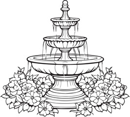 Decorative fountain in the garden line art coloring page design