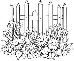 Flowers and fence line art coloring page design