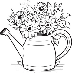 Watering can with flowers coloring page design