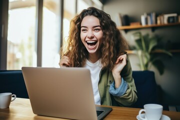 Excited businesswoman after receiving online customer order on laptop at office