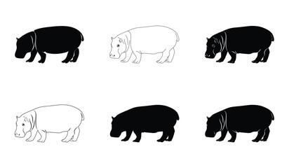 set of black hippo silhouettes, Hippo Vector illustration, Hippopotamus isolated on white background. African animals, zoo and wildlife concept